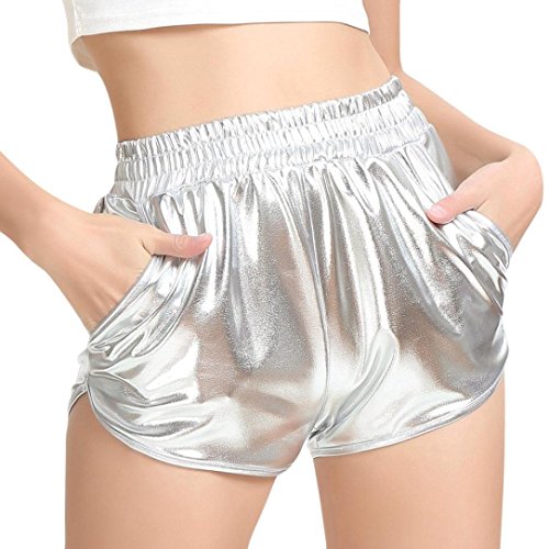 SHOBDW Mujeres de Moda elásticos de Cintura Alta Yoga Pantalones Deportivos Sexy Pantalones Cortos Delgados Brillantes Pantalones metálicos Polainas (M, Plata)