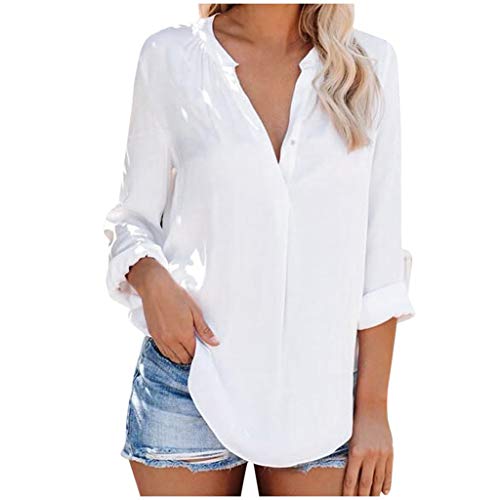 SHOBDW Mujeres V Cuello Blusa Pura Atractiva Grandes Suaves OL Ladies Sueltas Camisas de Bolsillo Tallas Tops Camisa de Manga Larga(Blanco,M)