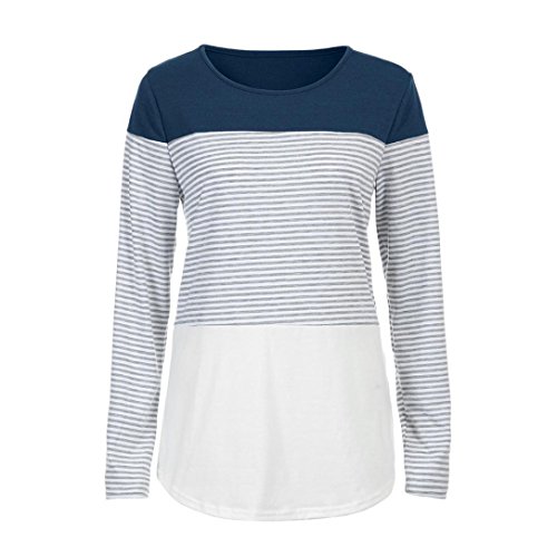 SHOBDW Separación Mujeres rayadas Patchwork elástico Casual Manga Larga Blusa Tops Camisa (Azul, XL)