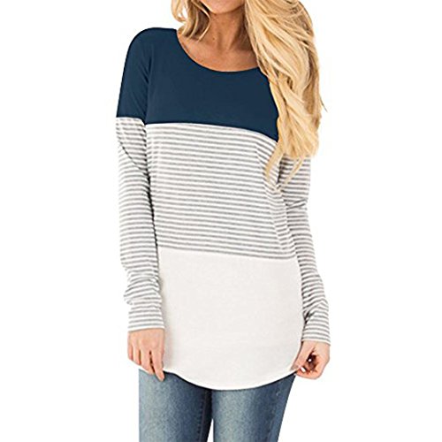 SHOBDW Separación Mujeres rayadas Patchwork elástico Casual Manga Larga Blusa Tops Camisa (Azul, XL)