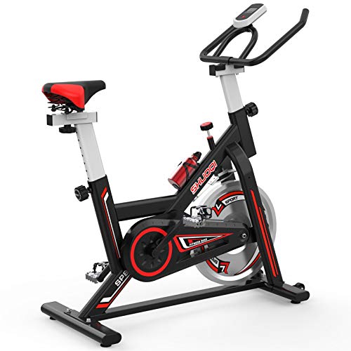 SHUOQI Bicicleta estáticas para Fitness, Bici de Spinning, Calidad Profesional, Rueda de inercia bidireccional,Transmisión por Cadena Fija,Asiento Ajustable, Pantalla LCD