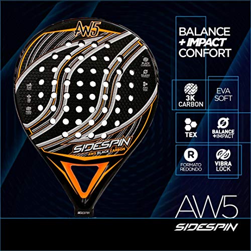 SideSpin Pala de Padel AW5 Full Carbon Eva Mix Texturado, Consigue Potencia + Control + Efecto, Adultos Unisex, Naranja, 38 mm