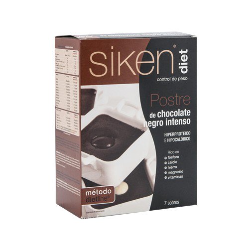 SIKEN Diet - Postre de chocolate negro intenso. Caja de 7 sobres de 25 g. 88 Kcal/sobre.