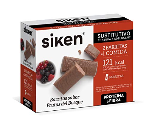 SIKEN SUSTITUTIVO - Barritas Sustitutivas, Sabor frutos del bosque, 1 barrita sustitutiye 1 comida, Caja 8 unidades