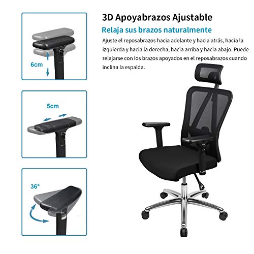 Silla de oficina, MFAVOUR Silla Ergonómica con reposacabezas/apoyabrazos ajustables y soporte lumbar, una mejor protección de la columna para personas sedentarias, Carga máx. 150kg/330lb Silla de oficina, MFAVOUR Silla Ergonómica con reposacabezas/apoyabrazos ajustables y soporte lumbar, una mejor protección de la columna para personas sedentarias, Carga máx. 150kg/330lb