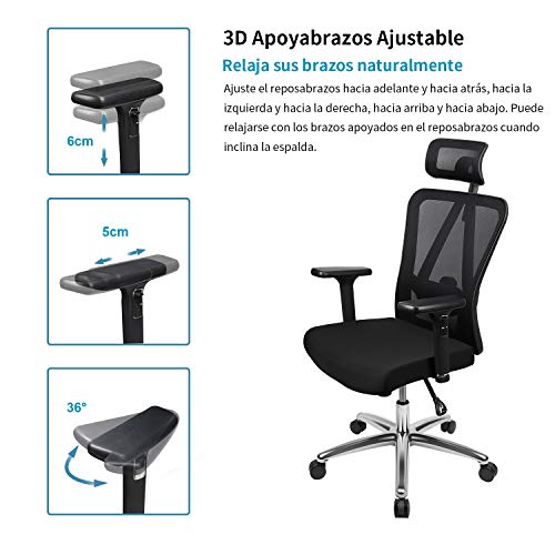 Silla de oficina, MFAVOUR Silla Ergonómica con reposacabezas/apoyabrazos ajustables y soporte lumbar, una mejor protección de la columna para personas sedentarias, Carga máx. 150kg/330lb