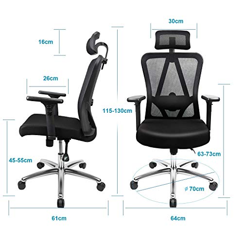 Silla de oficina, MFAVOUR Silla Ergonómica con reposacabezas/apoyabrazos ajustables y soporte lumbar, una mejor protección de la columna para personas sedentarias, Carga máx. 150kg/330lb Silla de oficina, MFAVOUR Silla Ergonómica con reposacabezas/apoyabrazos ajustables y soporte lumbar, una mejor protección de la columna para personas sedentarias, Carga máx. 150kg/330lb