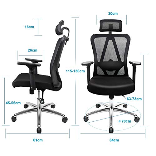 Silla de oficina, MFAVOUR Silla Ergonómica con reposacabezas/apoyabrazos ajustables y soporte lumbar, una mejor protección de la columna para personas sedentarias, Carga máx. 150kg/330lb