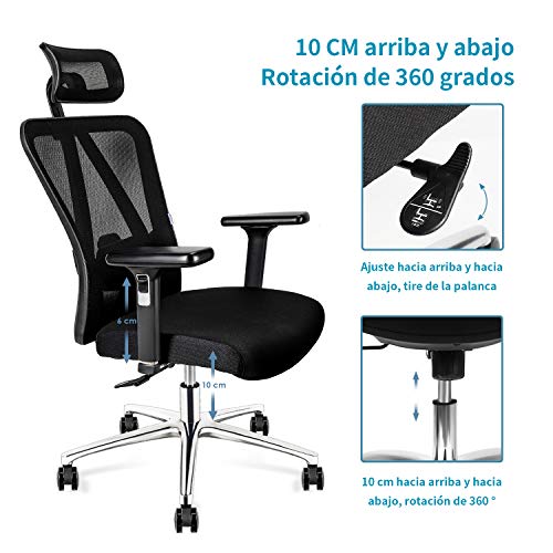 Silla de oficina, MFAVOUR Silla Ergonómica con reposacabezas/apoyabrazos ajustables y soporte lumbar, una mejor protección de la columna para personas sedentarias, Carga máx. 150kg/330lb