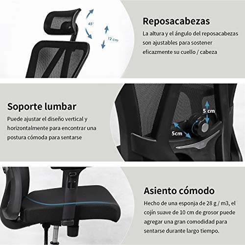 Silla de oficina, MFAVOUR Silla Ergonómica con reposacabezas/apoyabrazos ajustables y soporte lumbar, una mejor protección de la columna para personas sedentarias, Carga máx. 150kg/330lb Silla de oficina, MFAVOUR Silla Ergonómica con reposacabezas/apoyabrazos ajustables y soporte lumbar, una mejor protección de la columna para personas sedentarias, Carga máx. 150kg/330lb
