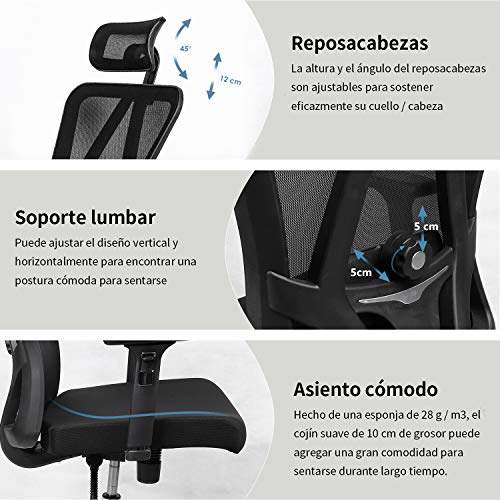 Silla de oficina, MFAVOUR Silla Ergonómica con reposacabezas/apoyabrazos ajustables y soporte lumbar, una mejor protección de la columna para personas sedentarias, Carga máx. 150kg/330lb