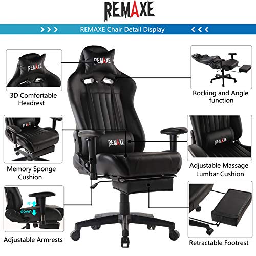 Silla para juegos de PC con reposapiés - Silla reclinable ajustable con respaldo alto y respaldo alto para oficina en casa con reposacabezas y soporte lumbar para masaje. Silla estilo PC(Negro)