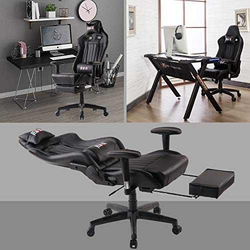 Silla para juegos de PC con reposapiés - Silla reclinable ajustable con respaldo alto y respaldo alto para oficina en casa con reposacabezas y soporte lumbar para masaje. Silla estilo PC(Negro)