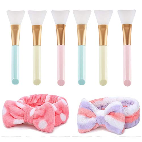 SIMIN 6 Pcs Cepillo de Máscara de Silicona con 2Pcs Diadema de spa, Herramienta de Máscara Cepillo de Máscara de Silicona Suave Herramienta de Frotis de Cuerpo y Mascarilla