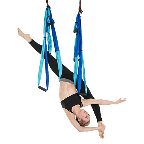 Sinbide Hamaca de Yoga, 250 * 150cm, Columpio Trapecio Set, 6 manivelas Columpio para Yoga, para Yoga Aéreo, Carga de 600 kg, Tafetán de Nailon, Antigravedad (Azul)