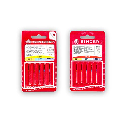 Singer Pack de 2 Paquetes de Agujas para Máquina de Coser Universales y para Punto (y Elásticos) 2020 2045 (822R - 848R) Surtido de Grosores Sistema 130/705 H