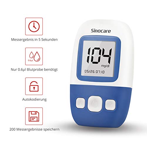 sinocare Medidor de glucosa en sangre kit/Control de la diabetes kit con codefree tiras x 25 y caja para diabéticos - en mg/dL (Safe AQ Angel)