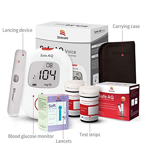 sinocare Medidor de glucosa en sangre/Glucosa en sangre kit de control de la diabetes kit con Codefree tiras x 50 y caja para diabéticos - en mg/dL (Safe AQ Voice)