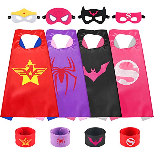 Sinoeem Capa de Superhéroe para Niños - 4 Capas y 4 Máscaras y 4 Slap Pulseras - Ideas Kit de Valor de Cosplay de Diseño de Fiesta de Cumpleaños de Navidad - Juguetes para Niños y Niñas (4pcs - Girl)