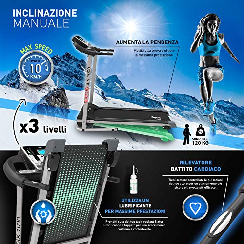 Sixtus Six 1000 - Cinta de correr eléctrica plegable 1 HP (2,5 HP pico) 10 km/h, aplicación Kinemap y Swift Coaching y Multiplayer, Bluetooth, sensor cardíaco, inclinación ajustable, 12 programas Sixtus Six 1000 - Cinta de correr eléctrica plegable 1 HP (2,5 HP pico) 10 km/h, aplicación Kinemap y Swift Coaching y Multiplayer, Bluetooth, sensor cardíaco, inclinación ajustable, 12 programas