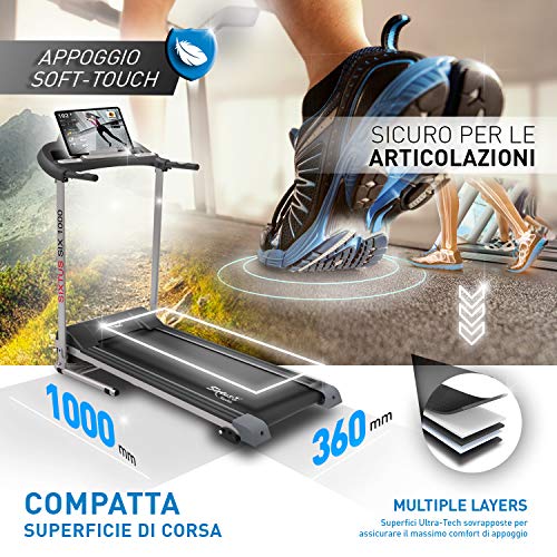 Sixtus Six 1000 - Cinta de correr eléctrica plegable 1 HP (2,5 HP pico) 10 km/h, aplicación Kinemap y Swift Coaching y Multiplayer, Bluetooth, sensor cardíaco, inclinación ajustable, 12 programas