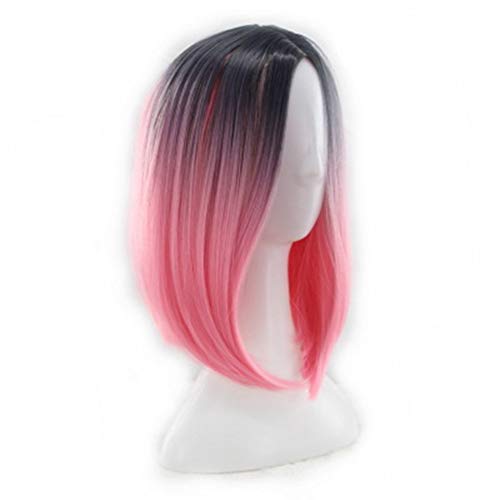 SJJ Ladies Head, Negro y Gris, Degradado, Rosa, Pelo Recto Largo, Seda de Alta Temperatura, Conjunto de Pelucas