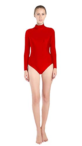 SK Studio Mujer Maillot de Danza Ballet Gimnasia Leotardo Body Clásico Elástico de Manga Larga Desgaste de Yoga de Cuello Alto Ballet Rojo L