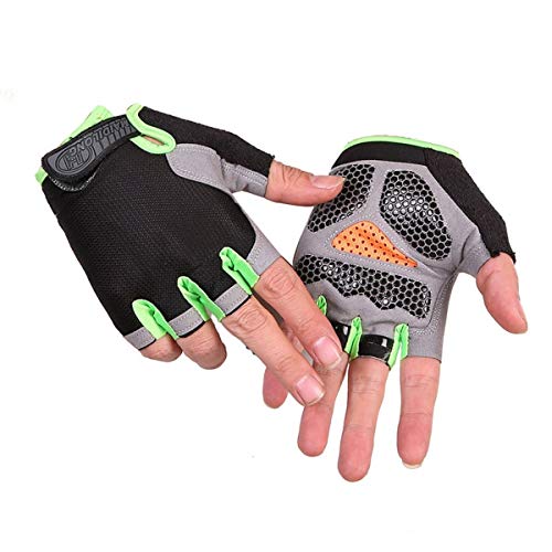 Skevic Guantes de Ciclismo Hombre Mujer MTB Guantes Bicicleta Montaña Medio Dedo, Guantes Gimnasio Deportivos Bici Moto Fitness, Guantes Gym Antideslizante, Acolchado y Transpirables (Negro Verde, L)