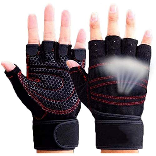 Skevic Guantes Gimnasio Hombre y Mujer - Guantes Gym para Levantamiento de Pesas, Crossfit, Barra Dominadas, Guantes Ciclismo Guantes Fitness con Muñequera Transpirable Antideslizante (Negro Rojo, M)