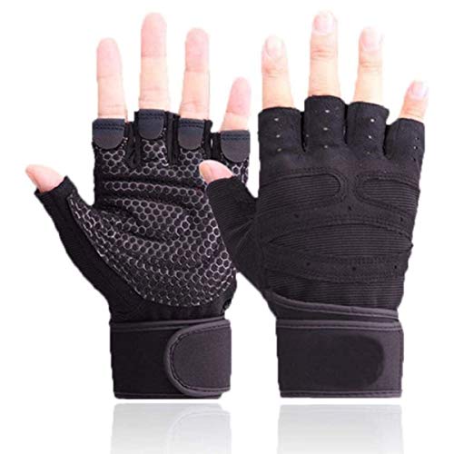 Skevic Guantes Gimnasio Hombre y Mujer - Guantes Gym para Levantamiento de Pesas, Crossfit, Barra Dominadas, Guantes Ciclismo Guantes Fitness con Muñequera Transpirable Antideslizante (Negro, L)