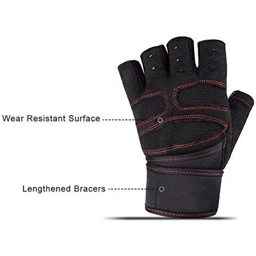 Skevic Guantes Gimnasio Hombre y Mujer - Guantes Gym para Levantamiento de Pesas, Crossfit, Barra Dominadas, Guantes Ciclismo Guantes Fitness con Muñequera Transpirable Antideslizante (Negro Rojo, L)