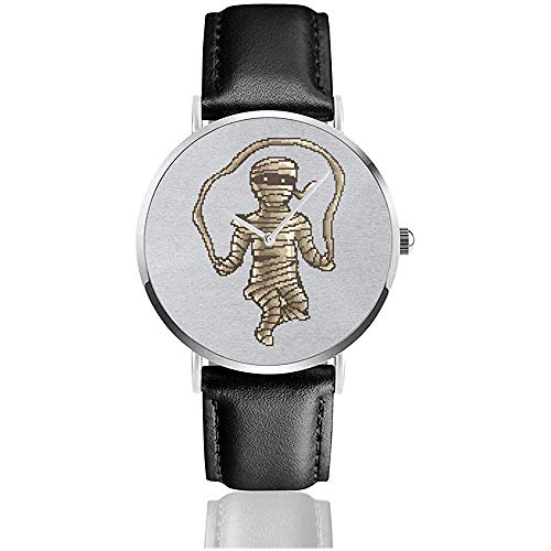 Skipping Mummy Pixel Art Watches Reloj de Cuero de Cuarzo con Correa de Cuero Negra para Regalo de colección