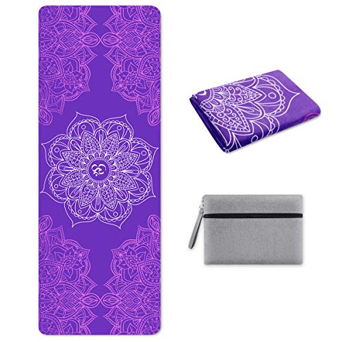 SKL Estera de Yoga de Viaje Colchoneta de Ejercicios Delgada y Plegable de 1/16 Pulgadas Alfombrilla Antideslizante Absorbente de Sudor para Yoga Caliente, Pilates, Bolsa de Transporte incluida