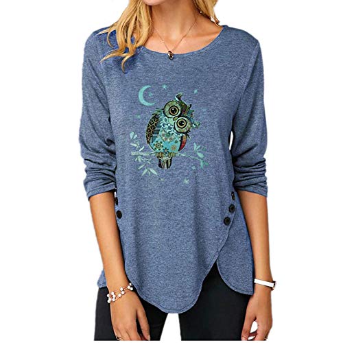 SLYZ Mujeres Otoño Personalidad Moda Animal Patrón Dobladillo Botón Irregular Manga Larga Cuello Redondo Talla Grande Camiseta Mujer Top