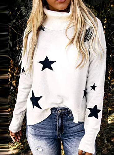 SLYZ Otoño E Invierno Nuevo Suéter De Punto para Mujer Patrón De Estrella Cuello Alto Jersey De Manga Larga para Mujer Suéter De Punto