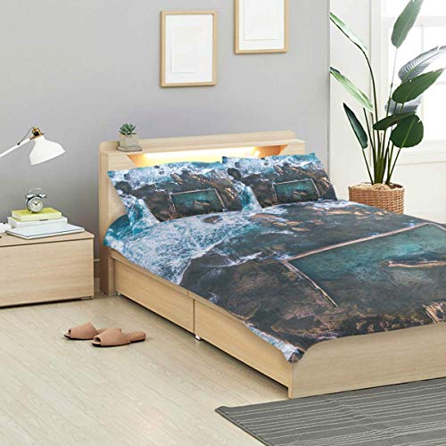 SmallNizi Juego de Funda nórdica para Cama, Vista aérea, luz de la mañana con Olas oceánicas Que fluyen sobre Las Rocas Alrededor de North Curl, Microfibra con 2 Fundas de Almohada 50x80