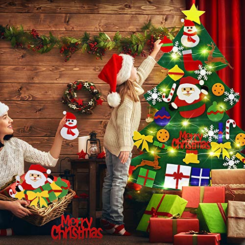 Smart Nice 45 Pcs Fieltro Árbol de Navidad,3.28ft DIY Fieltro Adornos Manualidades la Pared con 50 LED Luces de Navidad Ornamentos Desmontables Arbol de Fieltro con Gorro navideño para Niños