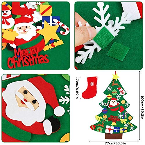 Smart Nice 45 Pcs Fieltro Árbol de Navidad,3.28ft DIY Fieltro Adornos Manualidades la Pared con 50 LED Luces de Navidad Ornamentos Desmontables Arbol de Fieltro con Gorro navideño para Niños