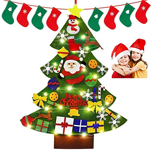 Smart Nice 45 Pcs Fieltro Árbol de Navidad,3.28ft DIY Fieltro Adornos Manualidades la Pared con 50 LED Luces de Navidad Ornamentos Desmontables Arbol de Fieltro con Gorro navideño para Niños