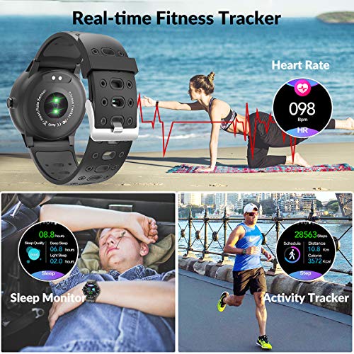 Smartwatch Reloj Inteligente, HopoFit HF06 Pantalla Táctil Completa Circular Impermeable Podómetro Pulsómetros, Monitor de Sueño, Notificación Llamada y Mensaje,para Andriod iOS,Hombres Mujeres(black)