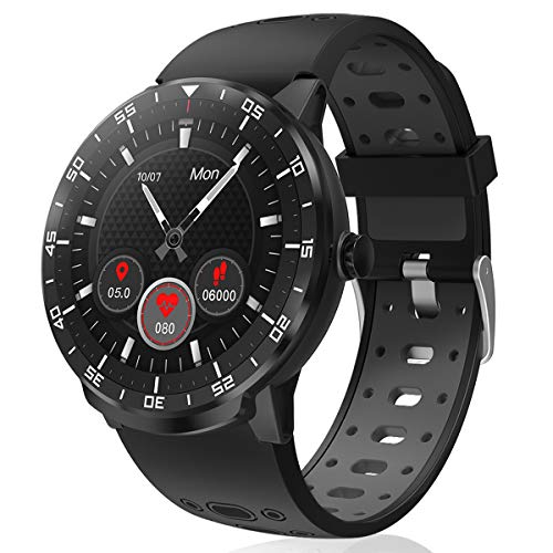 Smartwatch Reloj Inteligente, HopoFit HF06 Pantalla Táctil Completa Circular Impermeable Podómetro Pulsómetros, Monitor de Sueño, Notificación Llamada y Mensaje,para Andriod iOS,Hombres Mujeres(black)