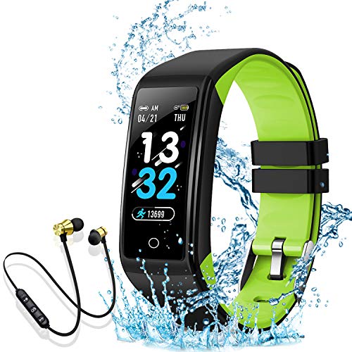 Smartwatch, Reloj Inteligente Mujer Hombre Niños Pulsera, Pulsera de Actividad Inteligente con Contador de Caloría Monitoreo Pulsómetros + Auriculares Bluetooth Deportivos, para Android iOS (Verde)