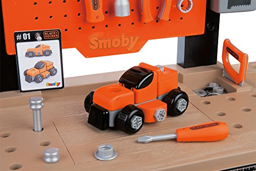 Smoby-Black & Decker-Bricolo Center Taller Banco Herramientas Infantil-función Clavo Sube y Baja-más de 90 Piezas-Incluye Coche para Construir 360701, Color Negro y Rojo, No Installation