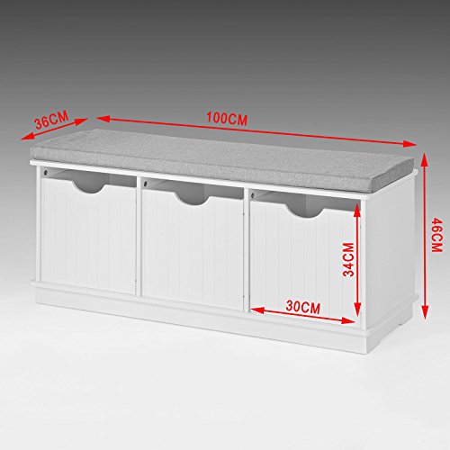 SoBuy Banco de Almacenamiento con Acolchados Cojines y 3 Cubos, Estante del Zapato, FSR30-W, ES