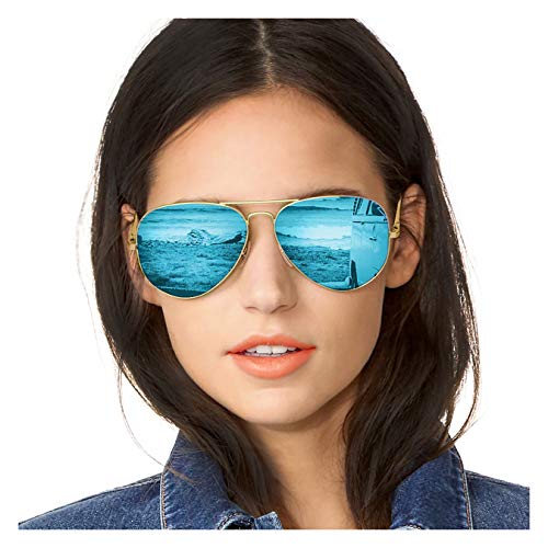 SODQW Gafas de Sol Polarizadas Mujer Espejo Marca Clásico Metal Marco 100% UVA/UVB Protección (Marco Dorado/Lente azul)