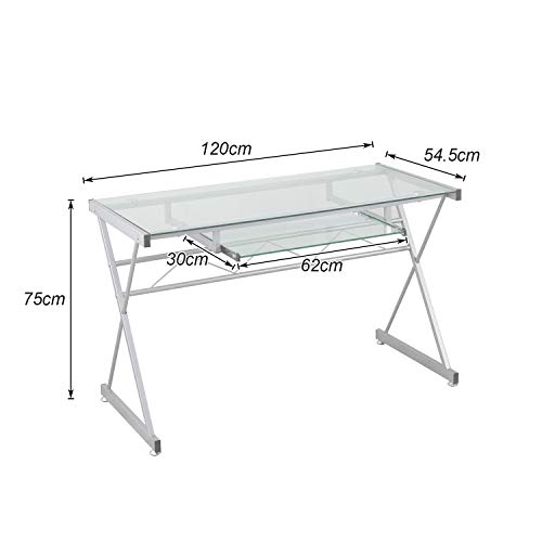 soges Escritorio de la computadora 120cm Escritorio de Vidrio Puesto de Trabajo con Tapa de Cristal Escritorio Escritorio de Oficina con Bandeja extraíble para Teclado, Transparente, UT-093