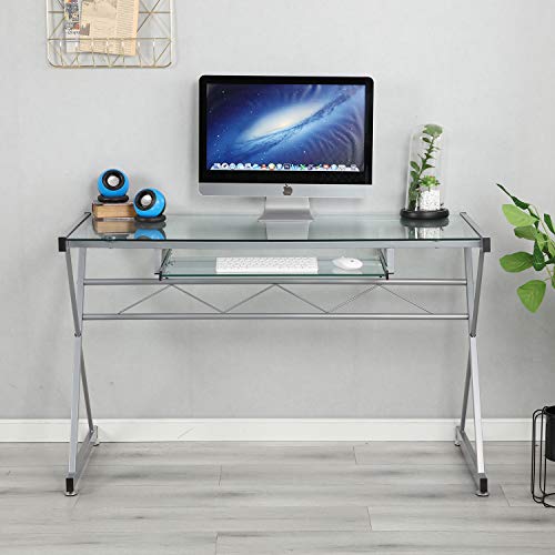 soges Escritorio de la computadora 120cm Escritorio de Vidrio Puesto de Trabajo con Tapa de Cristal Escritorio Escritorio de Oficina con Bandeja extraíble para Teclado, Transparente, UT-093 soges Escritorio de la computadora 120cm Escritorio de Vidrio Puesto de Trabajo con Tapa de Cristal Escritorio Escritorio de Oficina con Bandeja extraíble para Teclado, Transparente, UT-093