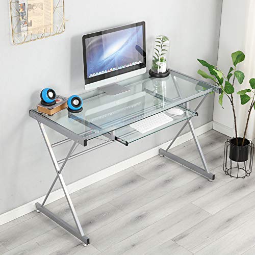 soges Escritorio de la computadora 120cm Escritorio de Vidrio Puesto de Trabajo con Tapa de Cristal Escritorio Escritorio de Oficina con Bandeja extraíble para Teclado, Transparente, UT-093 soges Escritorio de la computadora 120cm Escritorio de Vidrio Puesto de Trabajo con Tapa de Cristal Escritorio Escritorio de Oficina con Bandeja extraíble para Teclado, Transparente, UT-093