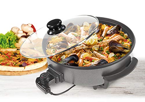 SOGO SS-10095 - Paellera, Sartén Eléctrica, Pizza Pan, Cazuela Multiuso con Tapa Cristal, Diámetro 36cm, Profundidad 7cm, 1500W, Base Antiadherente, Color: Negro SOGO SS-10095 - Paellera, Sartén Eléctrica, Pizza Pan, Cazuela Multiuso con Tapa Cristal, Diámetro 36cm, Profundidad 7cm, 1500W, Base Antiadherente, Color: Negro