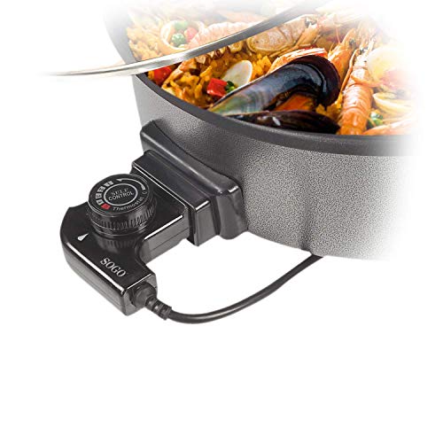 SOGO SS-10095 - Paellera, Sartén Eléctrica, Pizza Pan, Cazuela Multiuso con Tapa Cristal, Diámetro 36cm, Profundidad 7cm, 1500W, Base Antiadherente, Color: Negro